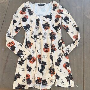 Sourpuss White Halloween Print Midi Dress with Black & Orange Motifs